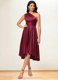 Cara A-line Halter One Shoulder V-Neck Asymmetrical Silky Satin Cocktail Dress With Ruffle STIP0022280