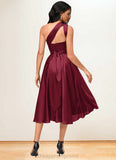 Cara A-line Halter One Shoulder V-Neck Asymmetrical Silky Satin Cocktail Dress With Ruffle STIP0022280