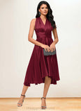 Cara A-line Halter One Shoulder V-Neck Asymmetrical Silky Satin Cocktail Dress With Ruffle STIP0022280