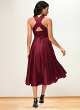 Cara A-line Halter One Shoulder V-Neck Asymmetrical Silky Satin Cocktail Dress With Ruffle STIP0022280