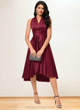 Cara A-line Halter One Shoulder V-Neck Asymmetrical Silky Satin Cocktail Dress With Ruffle STIP0022280