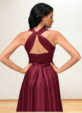 Cara A-line Halter One Shoulder V-Neck Asymmetrical Silky Satin Cocktail Dress With Ruffle STIP0022280