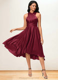 Cara A-line Halter One Shoulder V-Neck Asymmetrical Silky Satin Cocktail Dress With Ruffle STIP0022280