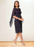 Miracle Sheath/Column Cowl Knee-Length Chiffon Lace Cocktail Dress With Ruffle Sequins STIP0022287