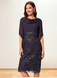 Miracle Sheath/Column Cowl Knee-Length Chiffon Lace Cocktail Dress With Ruffle Sequins STIP0022287