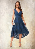 Samara A-line V-Neck Asymmetrical Chiffon Lace Sequin Cocktail Dress With Pleated Sequins STIP0022288