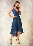 Samara A-line V-Neck Asymmetrical Chiffon Lace Sequin Cocktail Dress With Pleated Sequins STIP0022288