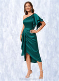 Makenna Sheath/Column One Shoulder Asymmetrical Silky Satin Cocktail Dress With Ruffle STIP0022293