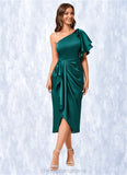 Makenna Sheath/Column One Shoulder Asymmetrical Silky Satin Cocktail Dress With Ruffle STIP0022293