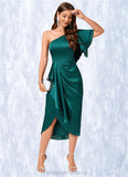 Makenna Sheath/Column One Shoulder Asymmetrical Silky Satin Cocktail Dress With Ruffle STIP0022293