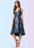 Laila A-line V-Neck Asymmetrical Jacquard Cocktail Dress With Flower STIP0022321