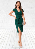 Madison Sheath/Column V-Neck Knee-Length Stretch Crepe Cocktail Dress With Ruffle STIP0022329