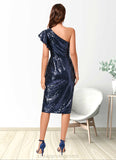 Jazmyn Sheath/Column One Shoulder Knee-Length Sequin Cocktail Dress With Ruffle Sequins STIP0022330