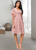 Cheyenne A-line V-Neck Knee-Length Chiffon Cocktail Dress With Ruffle STIP0022335