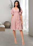 Cheyenne A-line V-Neck Knee-Length Chiffon Cocktail Dress With Ruffle STIP0022335