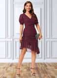 Everly Sheath/Column V-Neck Asymmetrical Chiffon Cocktail Dress With Cascading Ruffles Ruffle STIP0022339