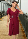 Makenzie Sheath/Column V-Neck Knee-Length Chiffon Cocktail Dress With Beading Cascading Ruffles STIP0022350