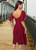 Makenzie Sheath/Column V-Neck Knee-Length Chiffon Cocktail Dress With Beading Cascading Ruffles STIP0022350