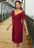 Makenzie Sheath/Column V-Neck Knee-Length Chiffon Cocktail Dress With Beading Cascading Ruffles STIP0022350