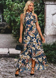 Viviana Ruffle Floral Print High Neck Elegant A-line Polyester Asymmetrical Dresses STIP0022373