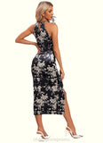 Sherry Floral Print Halter Elegant Bodycon Velvet Asymmetrical Dresses STIP0022380