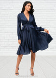 Lana A-line V-Neck Asymmetrical Silky Satin Cocktail Dress With Bow STIP0022385