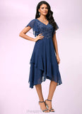 Marisol A-line V-Neck Tea-Length Chiffon Lace Cocktail Dress With Cascading Ruffles STIP0022430