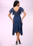 Marisol A-line V-Neck Tea-Length Chiffon Lace Cocktail Dress With Cascading Ruffles STIP0022430