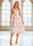 Melanie A-line V-Neck Tea-Length Chiffon Bridesmaid Dress With Cascading Ruffles Floral Print STIP0022567