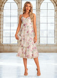 Melanie A-line V-Neck Tea-Length Chiffon Bridesmaid Dress With Cascading Ruffles Floral Print STIP0022567