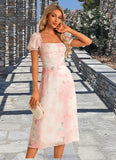 Bethany A-line Square Tea-Length Chiffon Bridesmaid Dress With Floral Print STIP0022570