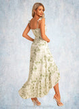 Elizabeth A-line Straight Floor-Length Asymmetrical Satin Bridesmaid Dress With Ruffle Floral Print STIP0022571