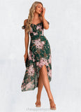 Nayeli A-line Sweetheart Tea-Length Asymmetrical Chiffon Bridesmaid Dress With Floral Print Ruffle STIP0022572