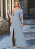 Carolyn A-line One Shoulder Floor-Length Chiffon Bridesmaid Dress With Ruffle STIP0022576