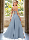 Jasmin A-line V-Neck Floor-Length Chiffon Bridesmaid Dress STIP0022577