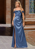 Rosa A-line Cold Shoulder Floor-Length Stretch Satin Bridesmaid Dress With Ruffle STIP0022578