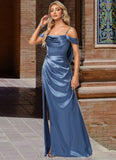 Rosa A-line Cold Shoulder Floor-Length Stretch Satin Bridesmaid Dress With Ruffle STIP0022578