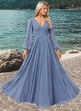 Hilary A-line V-Neck Floor-Length Chiffon Bridesmaid Dress STIP0022579