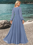 Hilary A-line V-Neck Floor-Length Chiffon Bridesmaid Dress STIP0022579