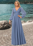 Hilary A-line V-Neck Floor-Length Chiffon Bridesmaid Dress STIP0022579