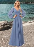 Hilary A-line V-Neck Floor-Length Chiffon Bridesmaid Dress STIP0022579