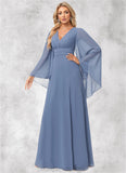 Sanai A-line V-Neck Floor-Length Chiffon Bridesmaid Dress STIP0022580