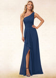 Macy A-line One Shoulder Floor-Length Chiffon Bridesmaid Dress With Ruffle STIP0022581