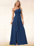 Macy A-line One Shoulder Floor-Length Chiffon Bridesmaid Dress With Ruffle STIP0022581