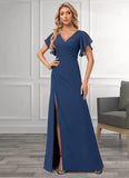 Bridget A-line V-Neck Floor-Length Chiffon Bridesmaid Dress With Ruffle STIP0022582