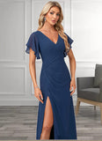 Bridget A-line V-Neck Floor-Length Chiffon Bridesmaid Dress With Ruffle STIP0022582