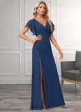 Bridget A-line V-Neck Floor-Length Chiffon Bridesmaid Dress With Ruffle STIP0022582