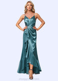 Nyla A-line V-Neck Asymmetrical Stretch Satin Bridesmaid Dress With Ruffle STIP0022584