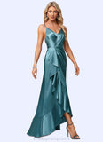 Nyla A-line V-Neck Asymmetrical Stretch Satin Bridesmaid Dress With Ruffle STIP0022584