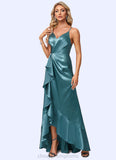 Nyla A-line V-Neck Asymmetrical Stretch Satin Bridesmaid Dress With Ruffle STIP0022584